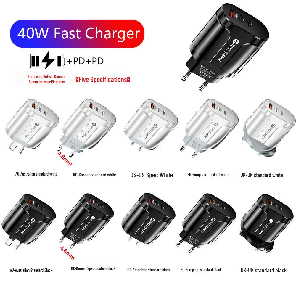 LED Travel Charger 2.4A USB + 2PD Type-C, EU/US Spec with Indicator Lights