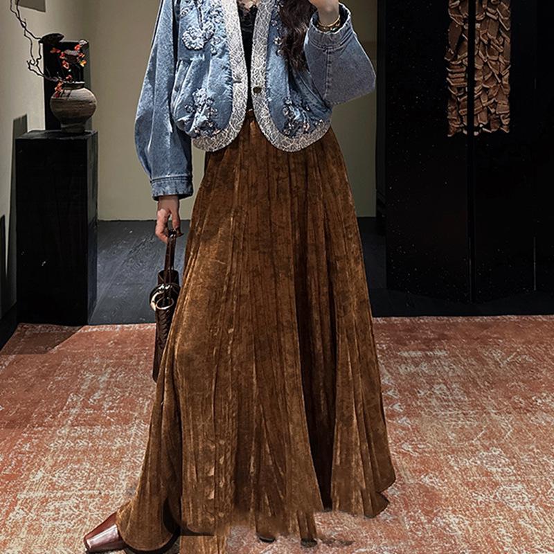 

Доступный: Му Ран Зимняя Полуюбка с Принтом в Этническом Стиле из Мятого Велюра (2026 Новая мода) Small