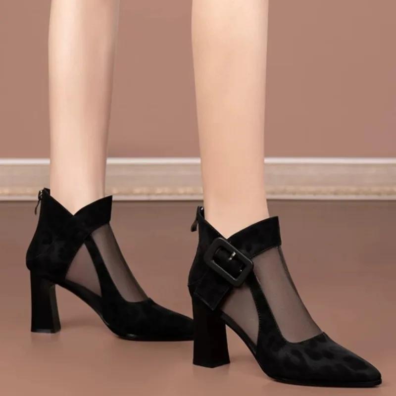 Fashion 2025Square Heel Cool Boots Summer New Pointy Splicing Mesh Fabric Back Zipper Anti-slip Wear-resistant Short High Heels