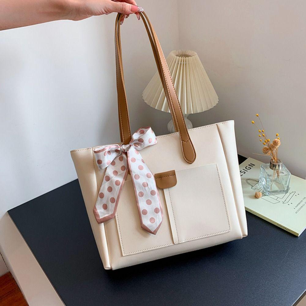 

Silk Scarf Shoulder Bag Contrasting Colors Tote Bag Fashion Bucket Bag бежевый