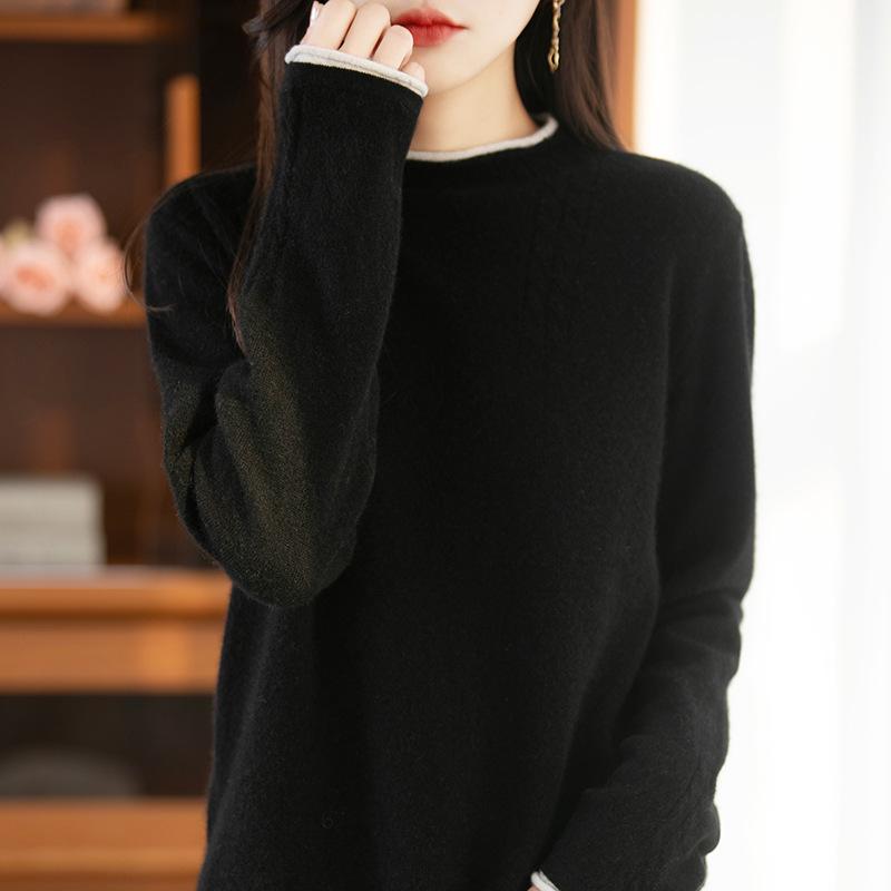 Autumn/Winter Pure Wool Cable Knit Double Round Neck Rolled Hem Long Sleeve Color Block Loose Pullover
