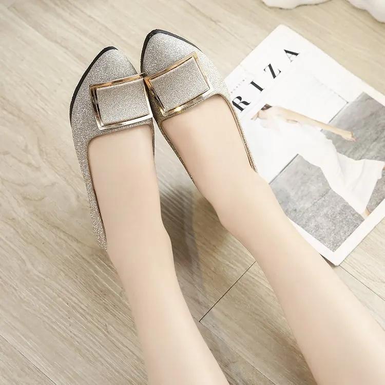 Shoes Women Women Sequins Shallow Square Buckle Slip On Low Heel Shoes Pointed Single Shoes Lady Leather Thick Single