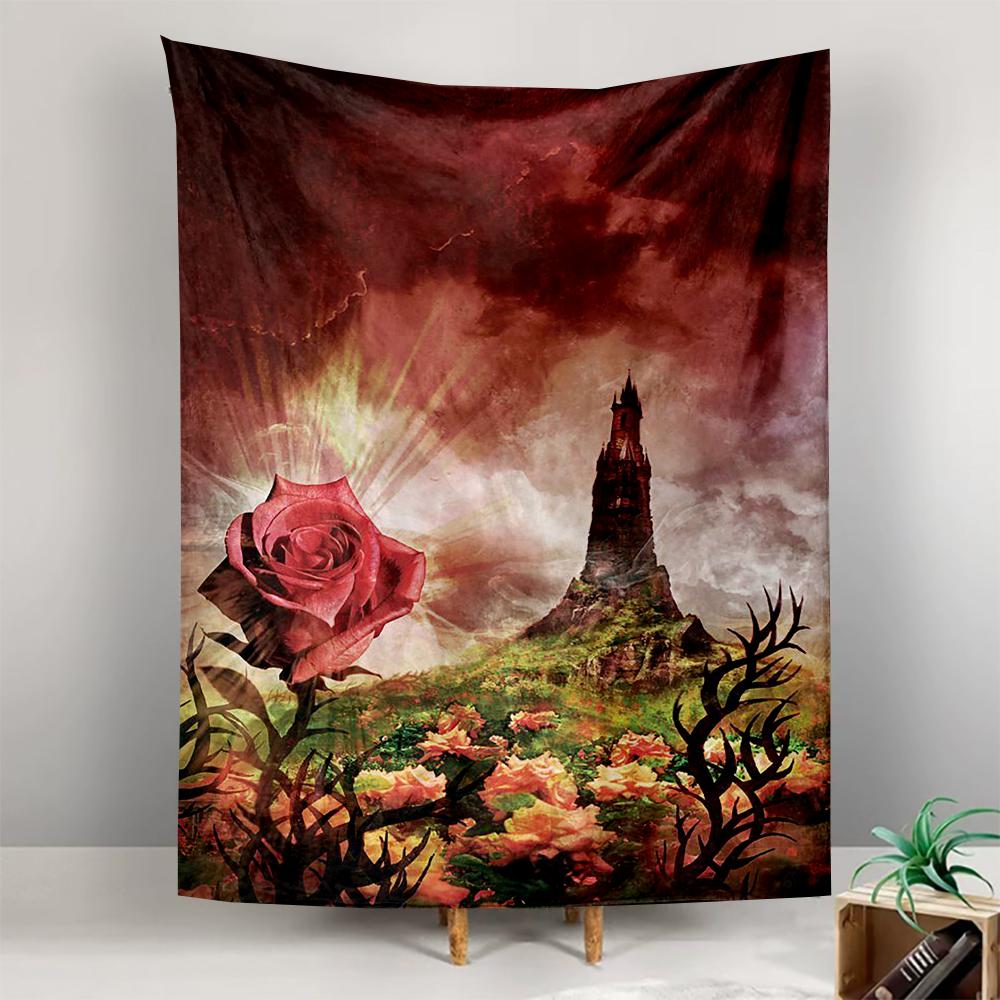 Tapestry The Dark Tower Single Red Rose Foreground Tower Green Hill Pink Red Dramatic Sky Art
