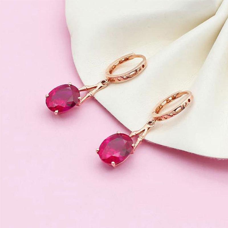Exquisite Russian 585 Purple Gold Oval Redstone Bamboo Earrings Ins Temperament Exquisite Rose Gold Plated Gold Ears