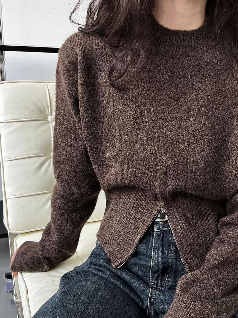 Knit Top Sweater for Long Crew Short Zip Slimming Available in Three Brown [JINJUDUO] Women, Sleeve, Autumn/Winter, Lightweight, Neck, Casual,