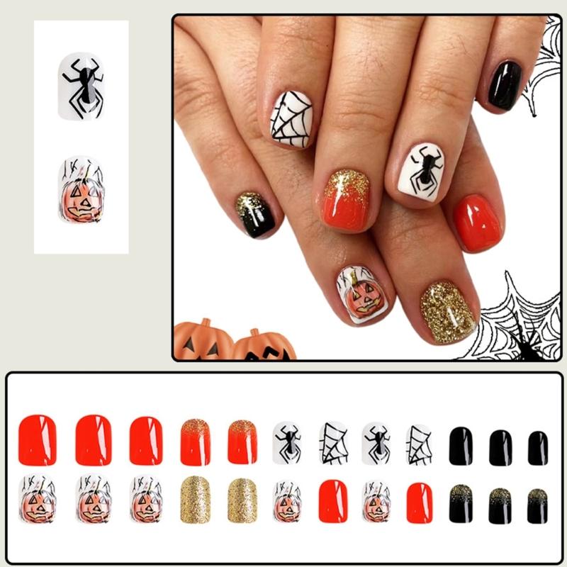 NonToxic Fake Nail Set Matte Orange Glitters Ghostly Stripes Designs Comfortable Plastic Nail Art For Sensitive Skin