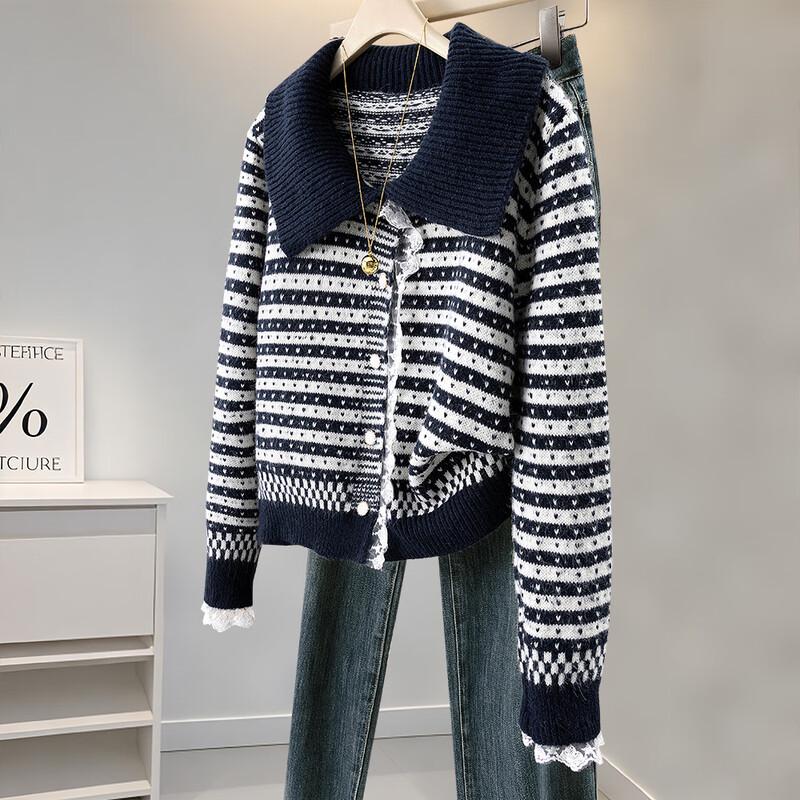 

Women s Wool Blend Lapel Color Block Stripe Knitted Cardigan One Size