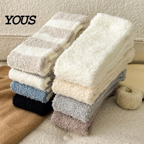 Thickened Velvet Calf Sleeves Coral Fleece Leg Warmers for Women, Winter Thermal Knee High Warm Protectors Socks, Striped/Solid Color, Soft