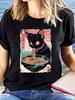 Black Cat Ramen Japanese Noodles Art T-shirt