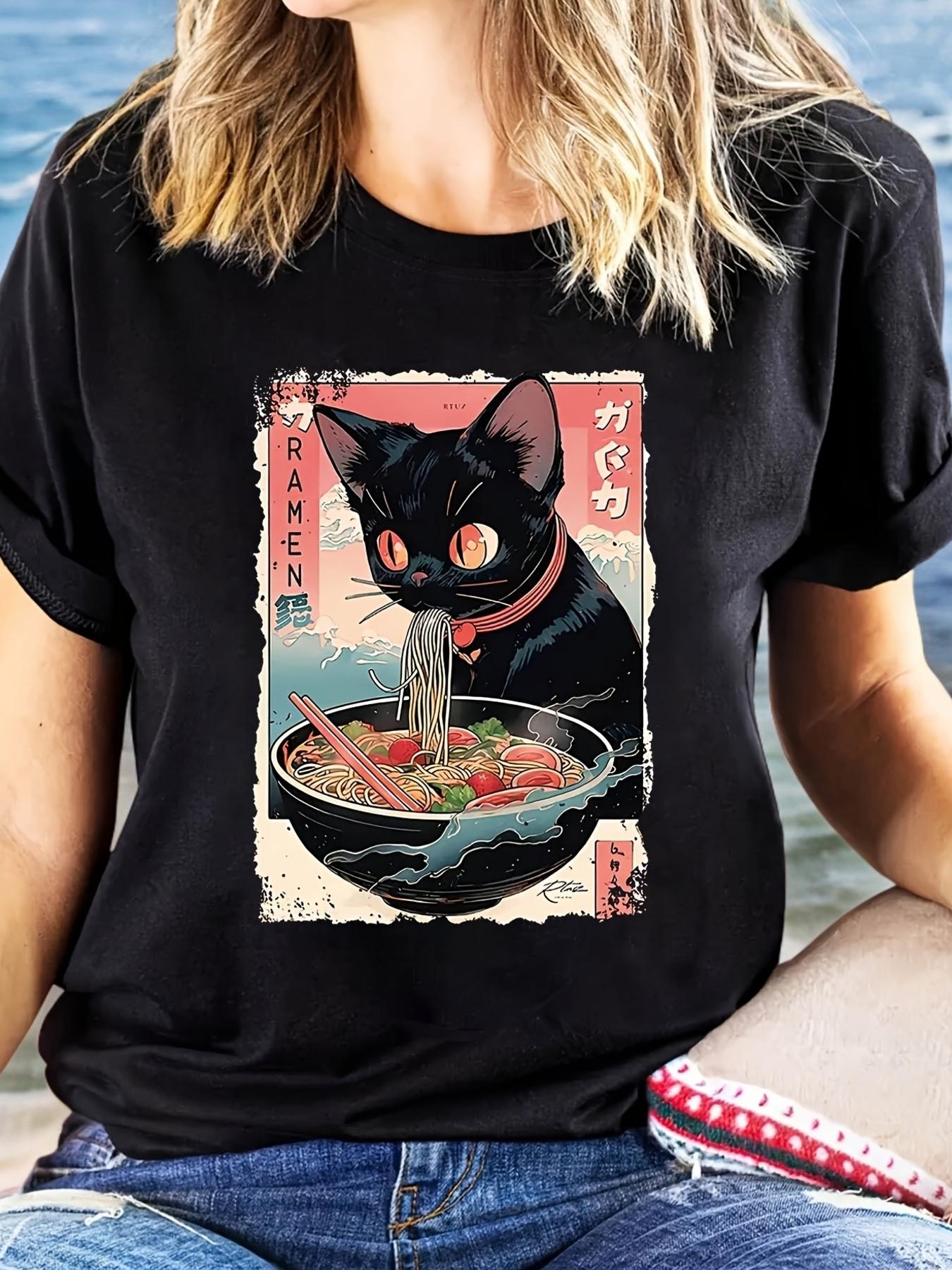 Black Cat Ramen Japanese Noodles Art T-shirt S