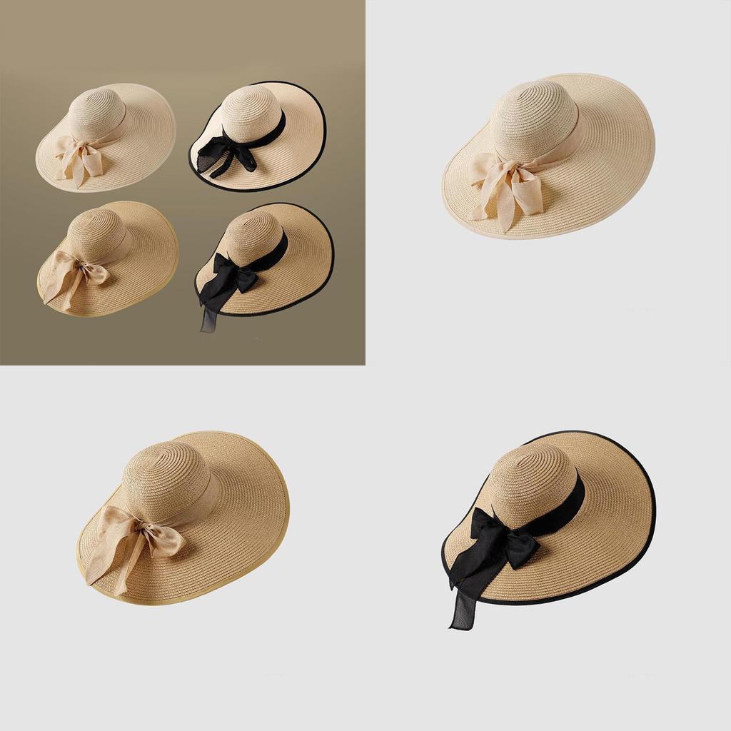 Women's Wide Brim Straw Hat With Bow Beach Sun Hat Uv Protection Korean Style