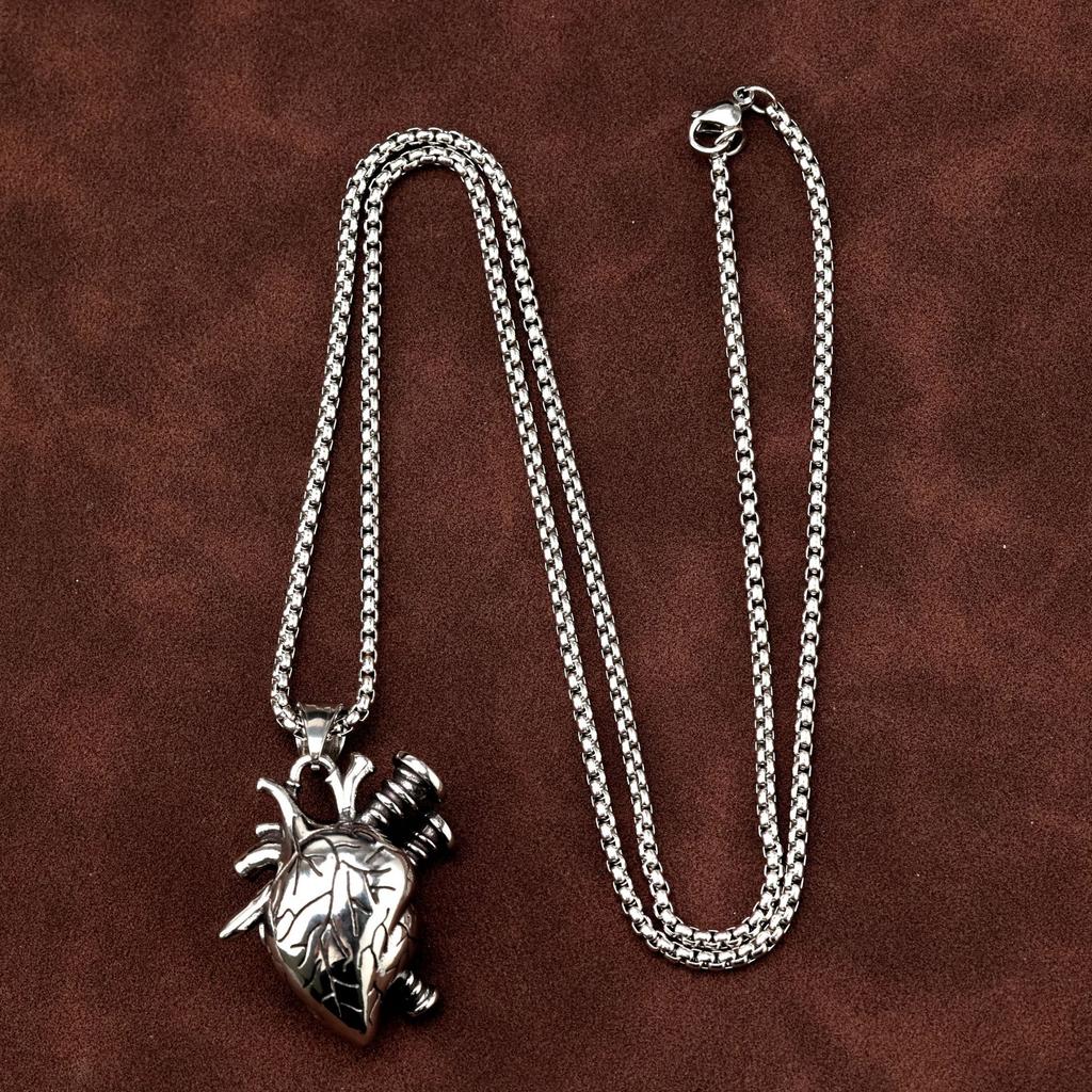 Vintage Stainless Steel Men's Screw Heart Pendant Gothic Punk Necklace