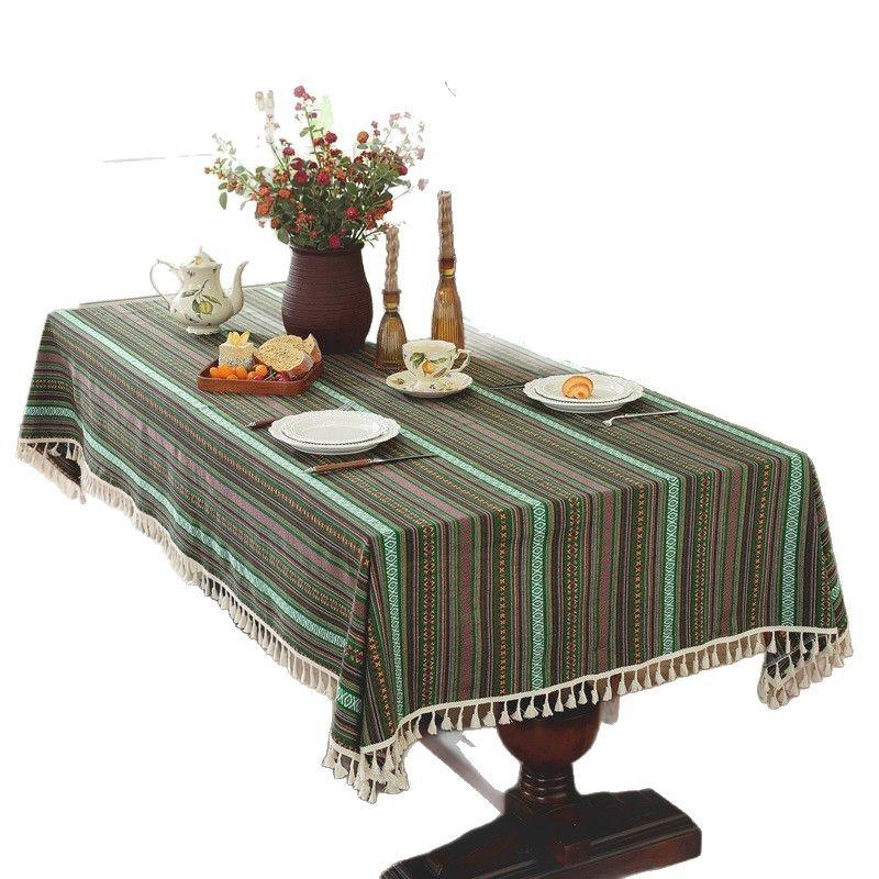 Yarn-Dyed Polyester-Cotton Famous Jacquard Striped Fringed Lace Coffee Table Tablecloth Dining Table Cloth Cover Towel