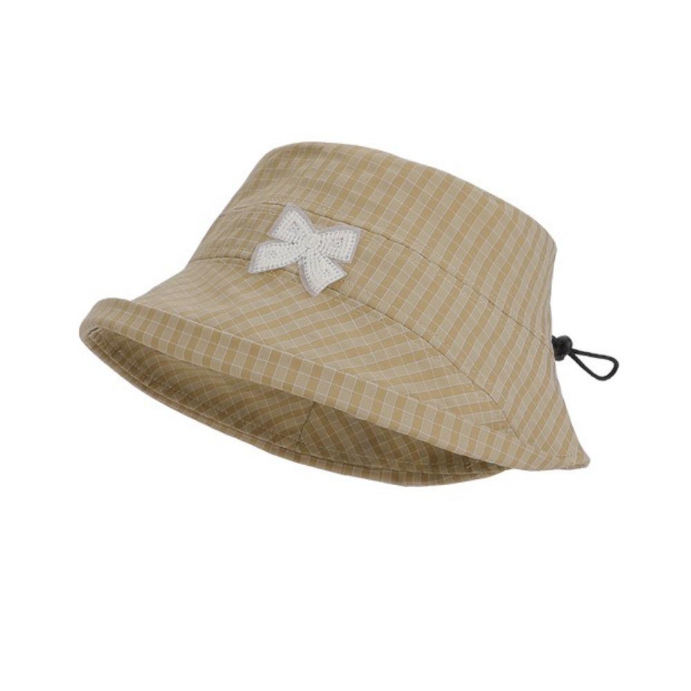 Wide Brim Women Bow Fisherman Hat Checkered Pattern Breathable Bucket Hat Plaid Pattern Windproof Sun Protection Hat Outdoor