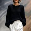 Women's Color Round Neck Loose Fit Pullover Sweater for Fall