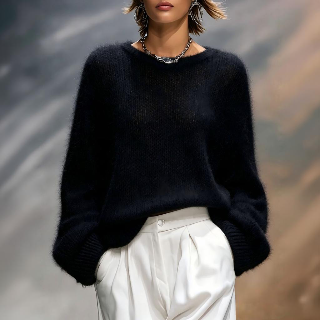Women's Color Round Neck Loose Fit Pullover Sweater for Fall