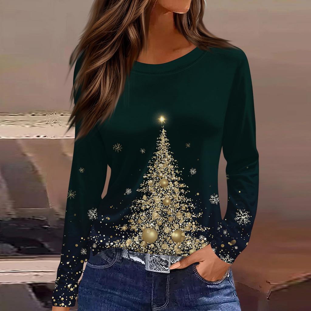 Women's Fashion Casual Slit Hem Round Neck Long Sleeve Loose Printed T-Shirt Ladies Top Christmas