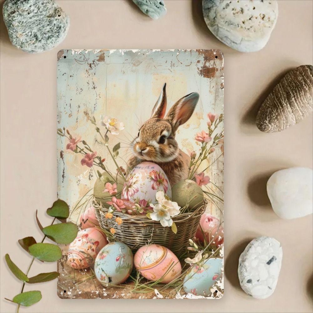 Tin Sign Retro Easter Rabbit Floral Wall Art Home Holiday Decor Metal Poster