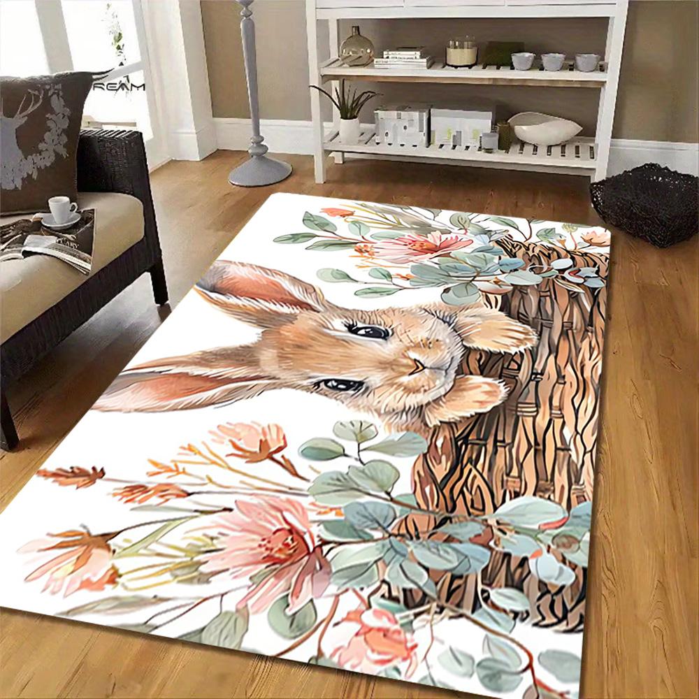 Spring Bunny Watercolor Print Decoration,Carpet,Living Room,Bedroom, Non-slip,Square rug