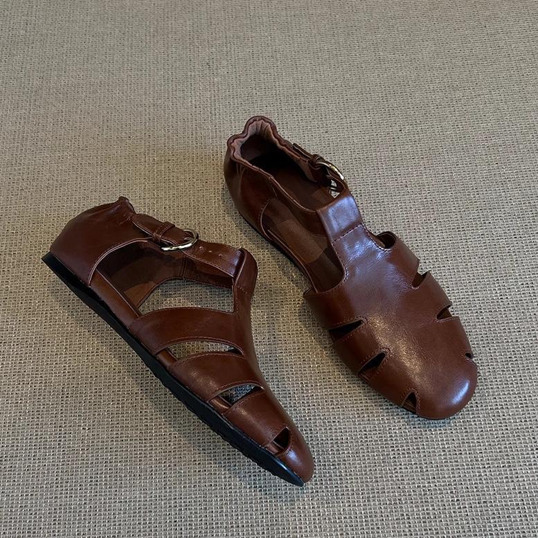 Sheepskin Niche Design Hollow Woven Bag Head Sandals Women's Retro Flat-bottomed Casual Soft-soled Pig Cage Shoes Roman Shoes