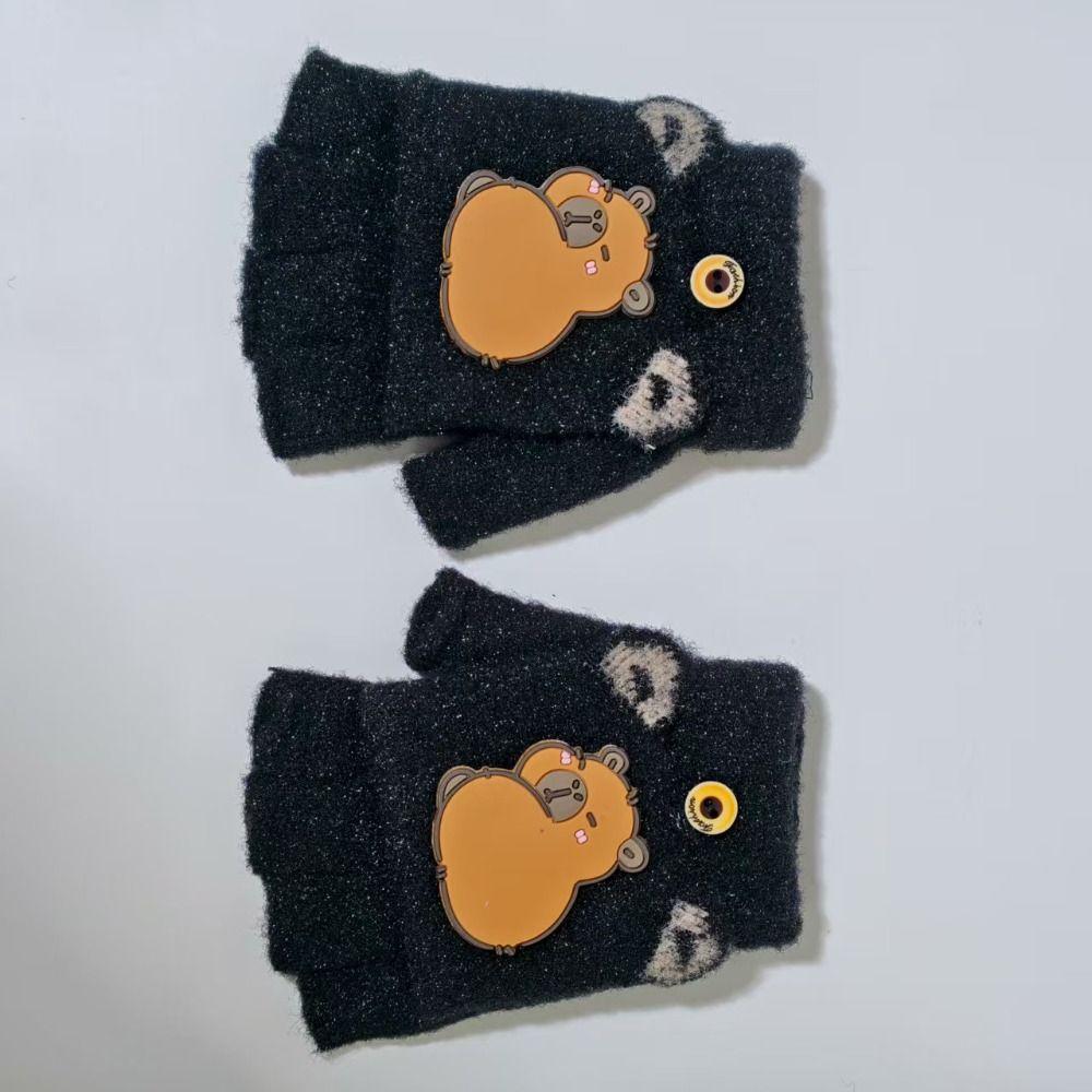 Cute Capybara Half Finger Gloves 6-10 Years Old Winter Flip Gloves New Writing Gloves Outdoor