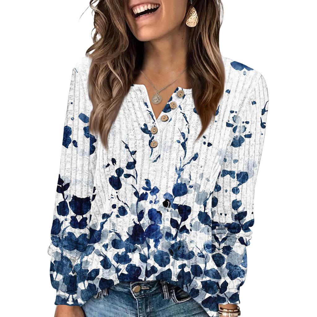 Women's Fashion V-Neck Button-Up T-Shirt With Floral Print Long-Sleeved Top