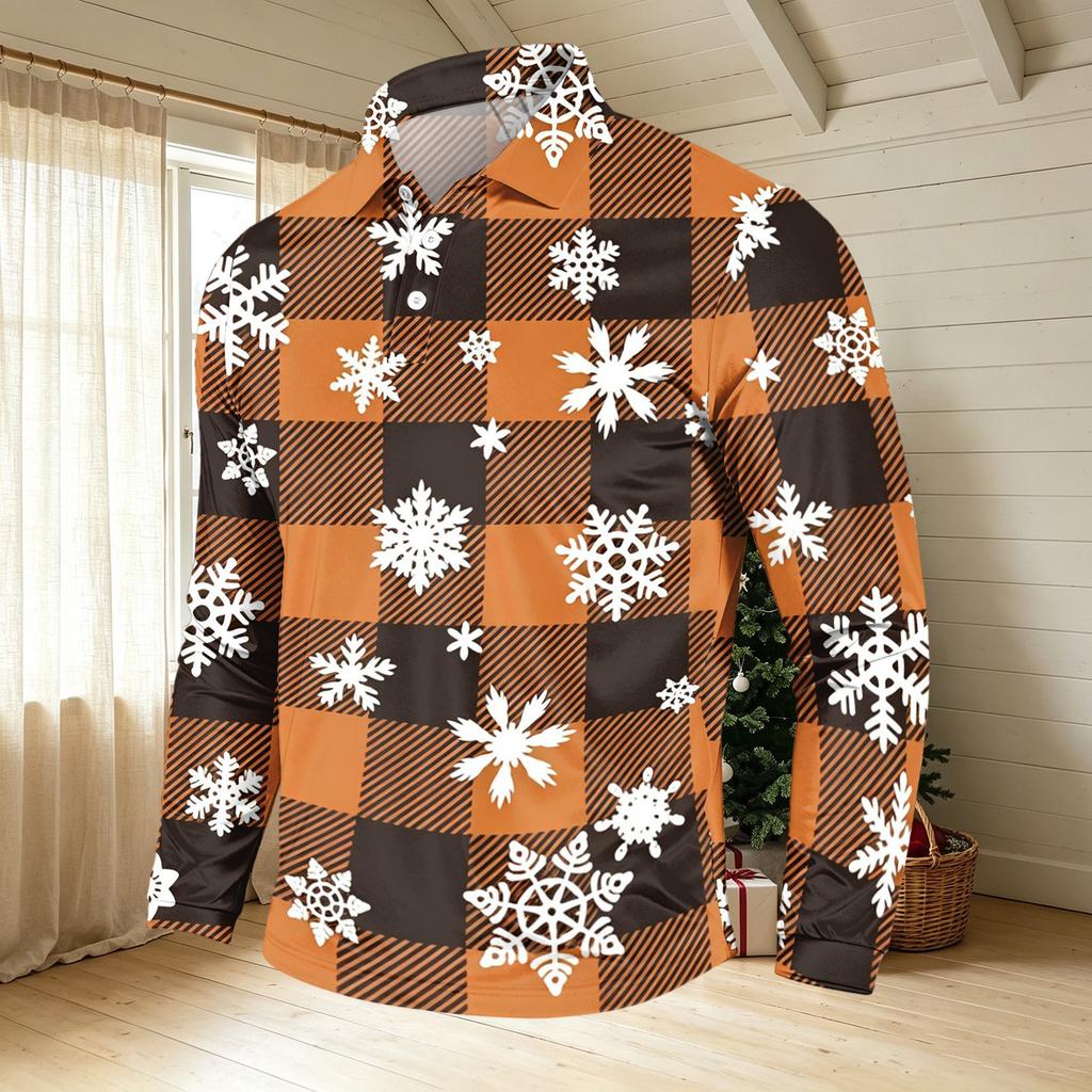Men's Casual Long Sleeve Neck T-Shirt with Christmas Print, Holiday Party Top