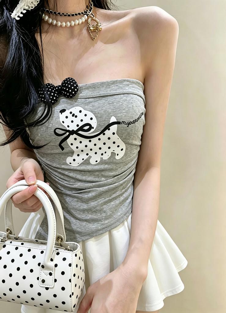 #Summer new pure desire style cartoon printing splicing bow tube top slim fit fixed with chest pad