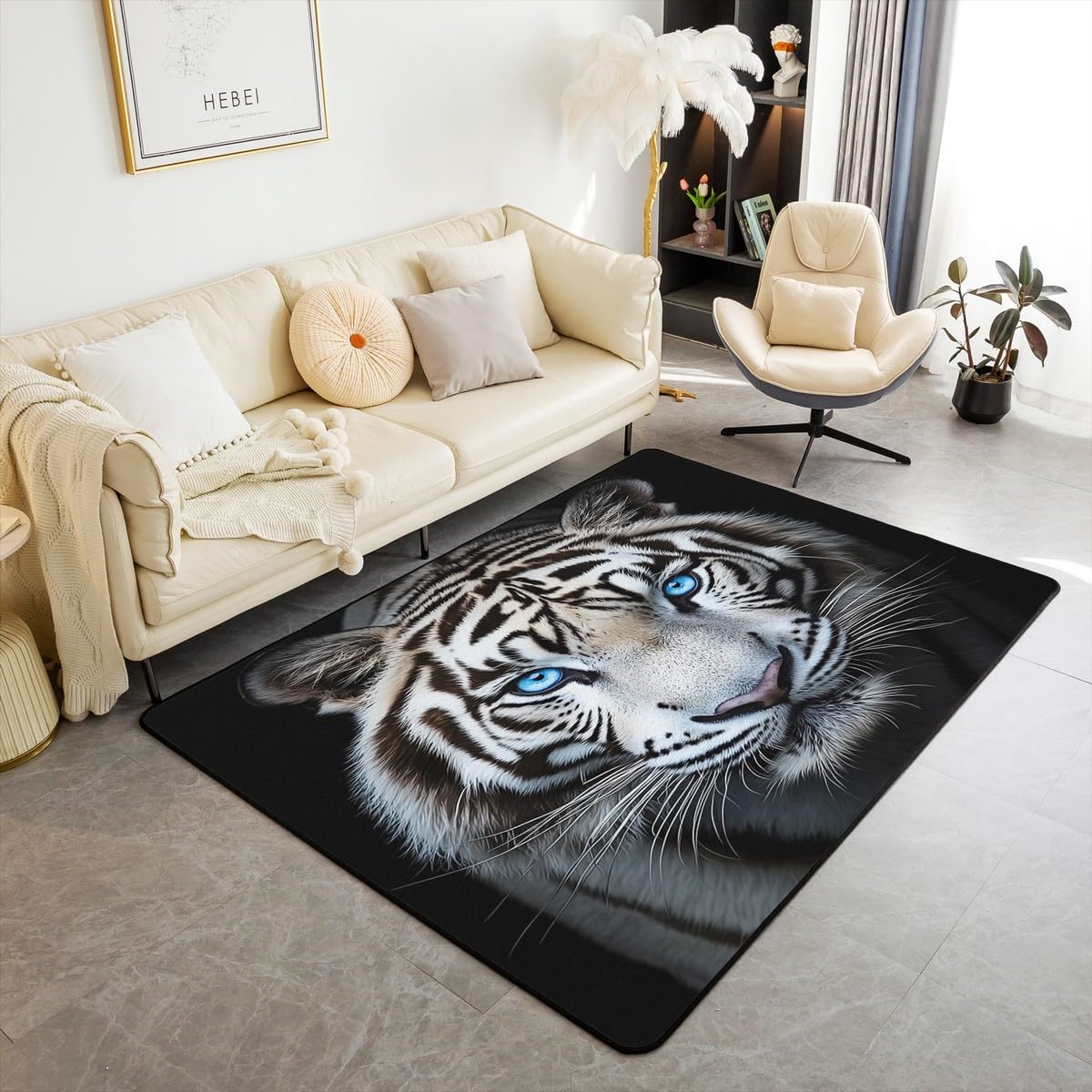 Erosebridal Black White Tiger Rug African Safari Animals Non Slip Washable Carpet Tiger Head Print Area Rug 3x5 for Kids Boys Adults Big Cat 160cm x 200cm