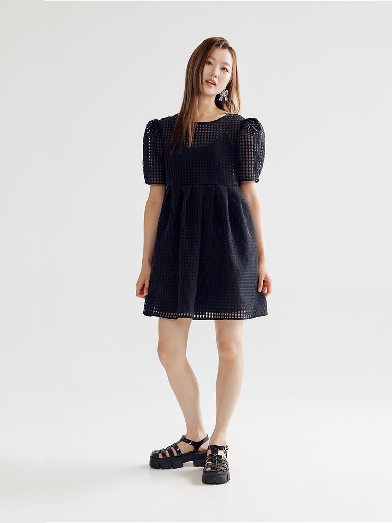 BOMNAL BOUTIQUE Checked Voluminous Mini Dress _ Black
