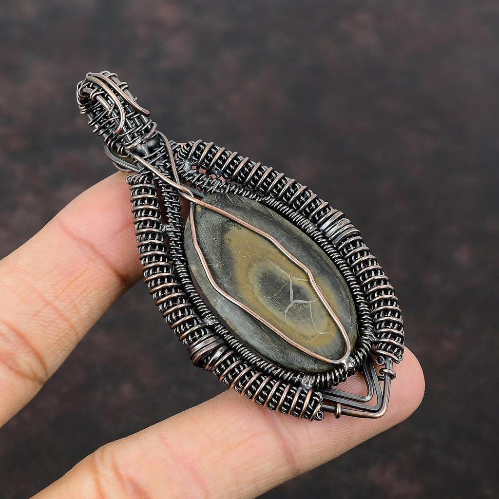 Noroi marocan Crack Fosil Pandantiv Sârmă de cupru Pandantiv înfășurat Pandantiv lucrat manual Bijuterii de cupru Pandantiv labradorit Bijuterii cu pietre prețioase pentru cadou