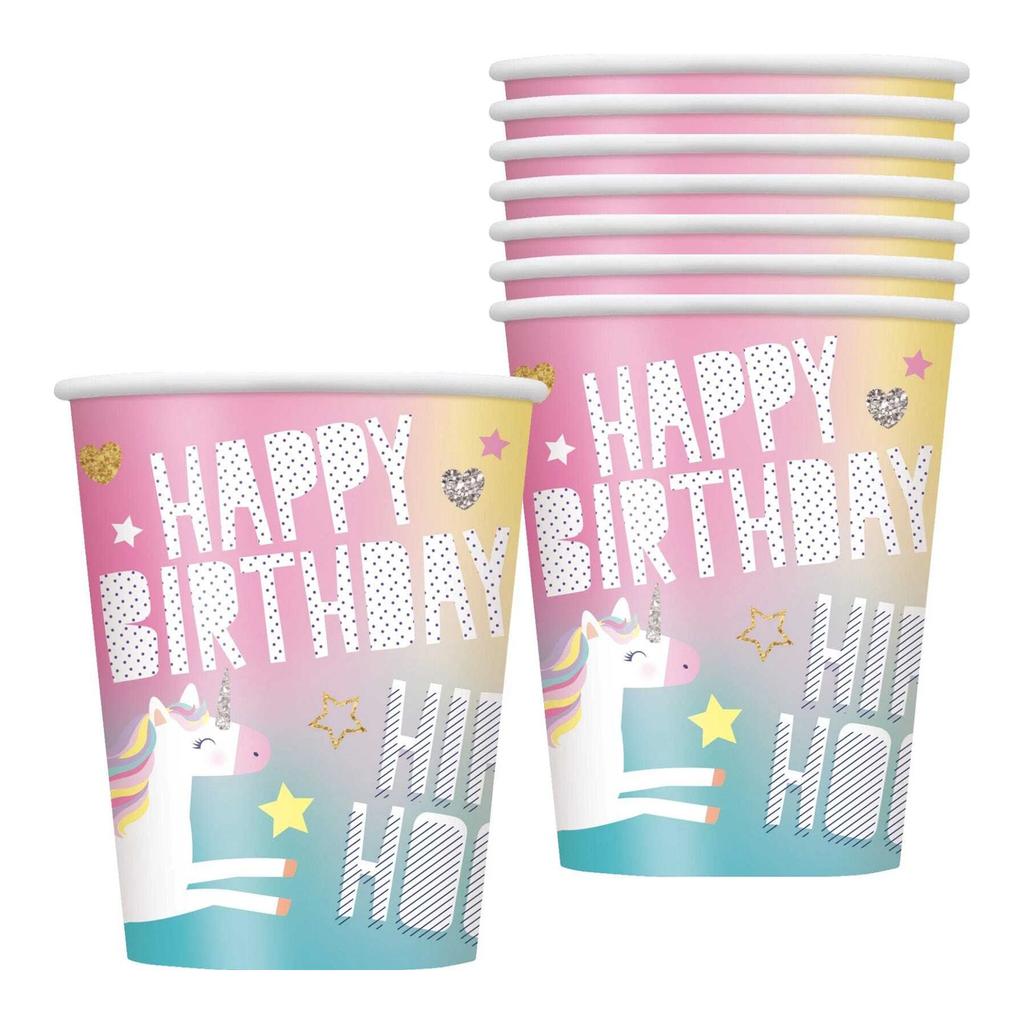 Unique Party Paper Unicorn Happy Birthday Party Cups (Pack of 8)