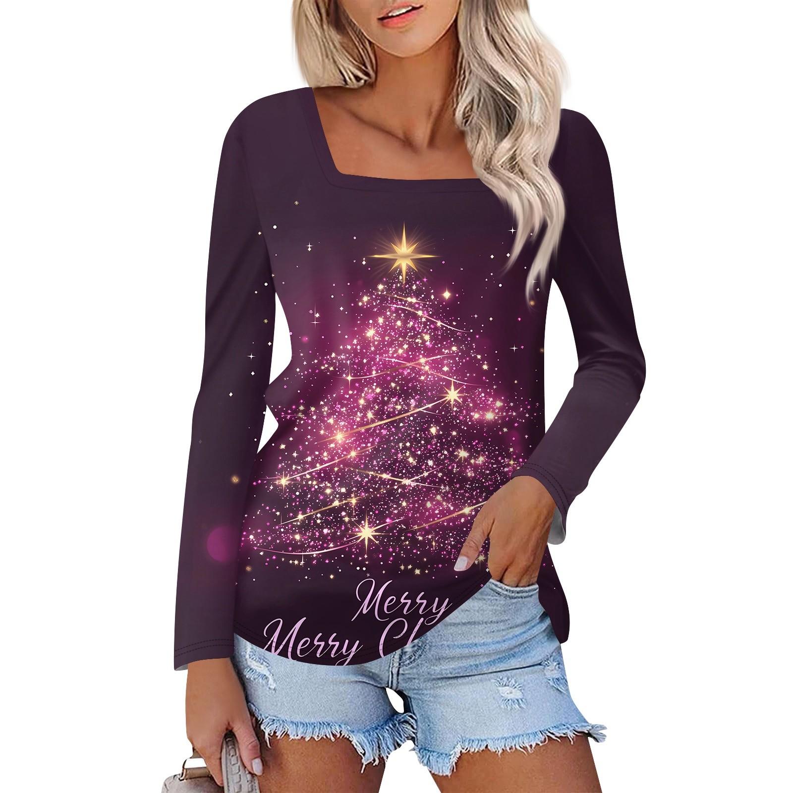 

Рубашка для женщин, модная, повседневная, с квадратным вырезом, длинным рукавом, свободная, с рождественским принтом, женская футболка, топ XL