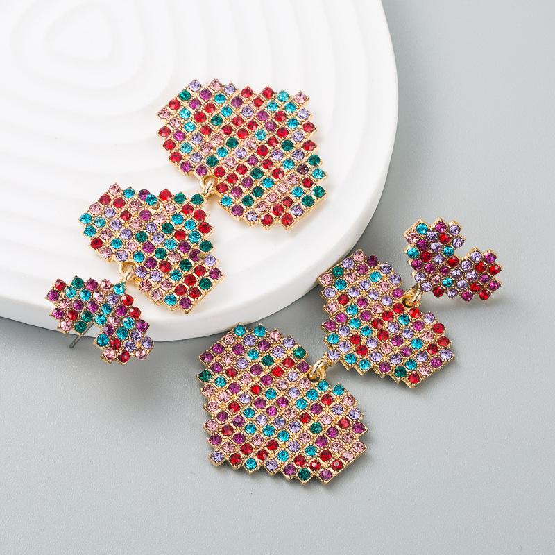 Cercei de damă exagerați lungi în formă de dragoste, din aliaj de cristal complet, cercei cu strasuri de culoare