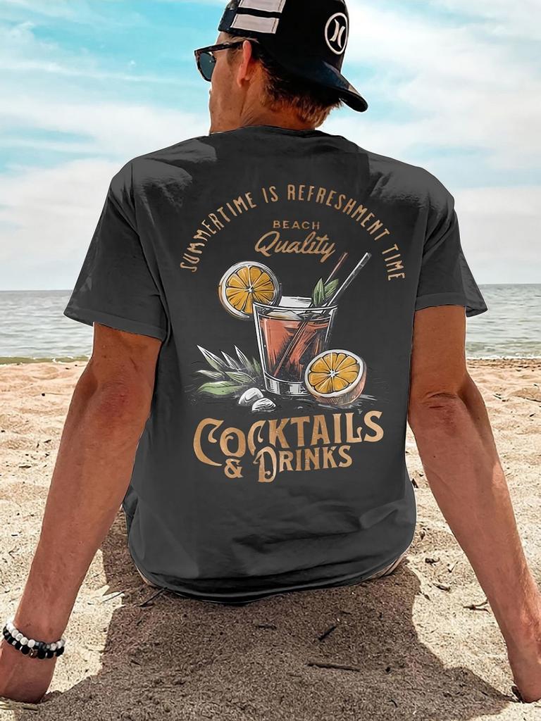 Summer Men's New Cocktail Beach Landscape Print Breathable and Comfortable Round Neck T-shirt Outdoor Casual Top
