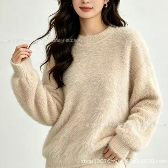 Women's Fluffy Round Neck Knit Sweater - Imitation Mink Velvet Long Sleeve Pullover for Autumn & Winter