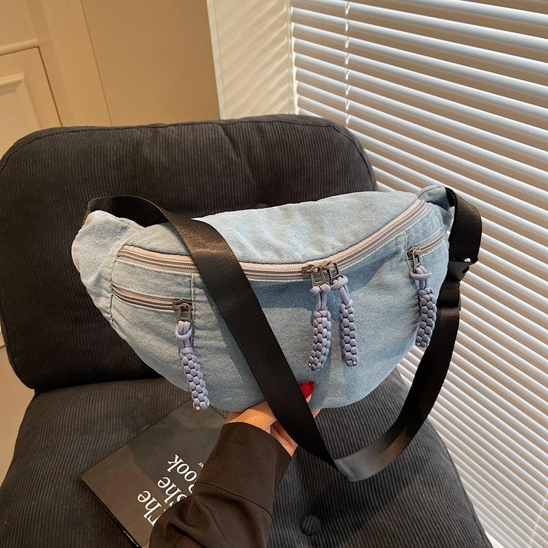 Breast bag women's super fire versatile denim messenger bag boys street trendy fanny pack sports cycling casual shoulder bag