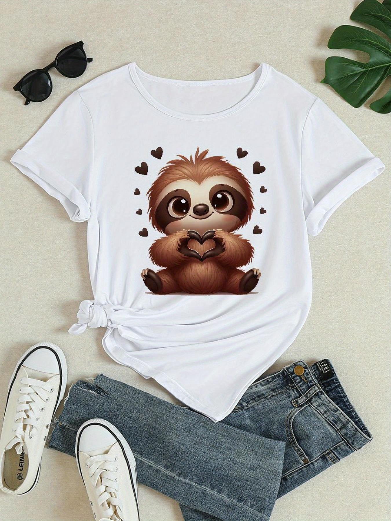 Women S Cute Sloth Graphic T-Shirt Soft Everyday Tee with Black Sloth Hearts Design Crew Neck Top Summer Comfortable Clothes S