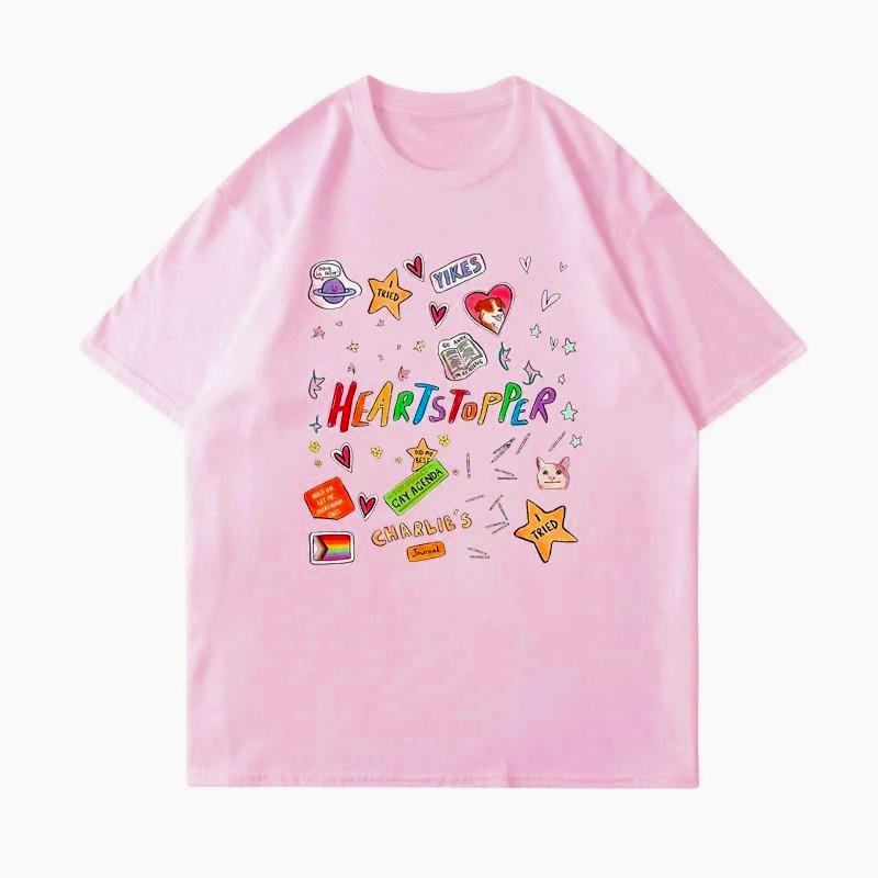 T-shirt Bianca Trendy Heartstopper con Fantasie Colorate e Testo Manica Corta T-shirt Uomo Donna Casual Vintage