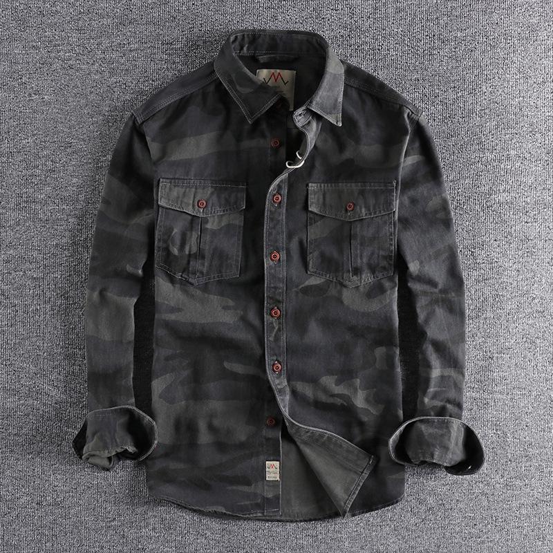 Men's Camouflage Military Workwear Shirt - Long Sleeves, Double Pockets, Casual Style