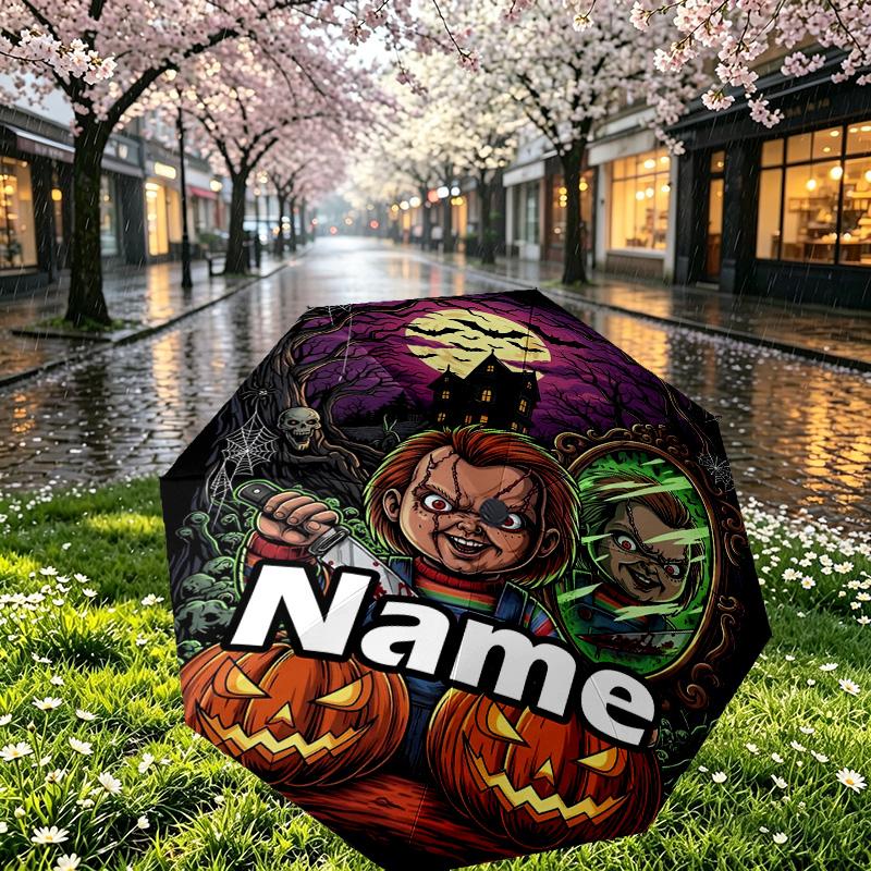Custom Name Personalized Bride of Chucky Print Umbrella, Auto Open Close, 8‑Rib Sturdy Frame, Commute Camping Hiking Use, Birthday Gift