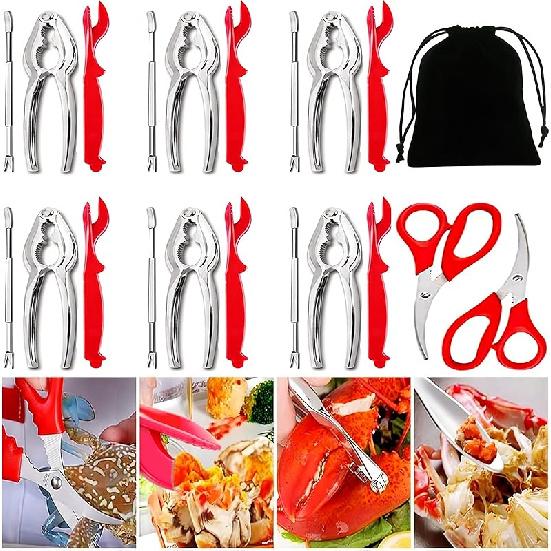 19 Pcs Seafood Tools Set, Crab Crackers And Tools Set, Include 4 Crab Crackers, 4 Shellfish/Seafood Forks, 4 Plastic Lobster Shellers, 4 Lobster Crab