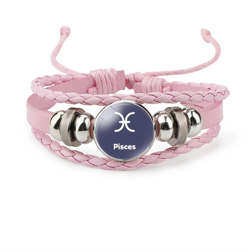 Trendy Pink Leather Braided Bracelet With Zodiac Time Gemstone For Men And Women