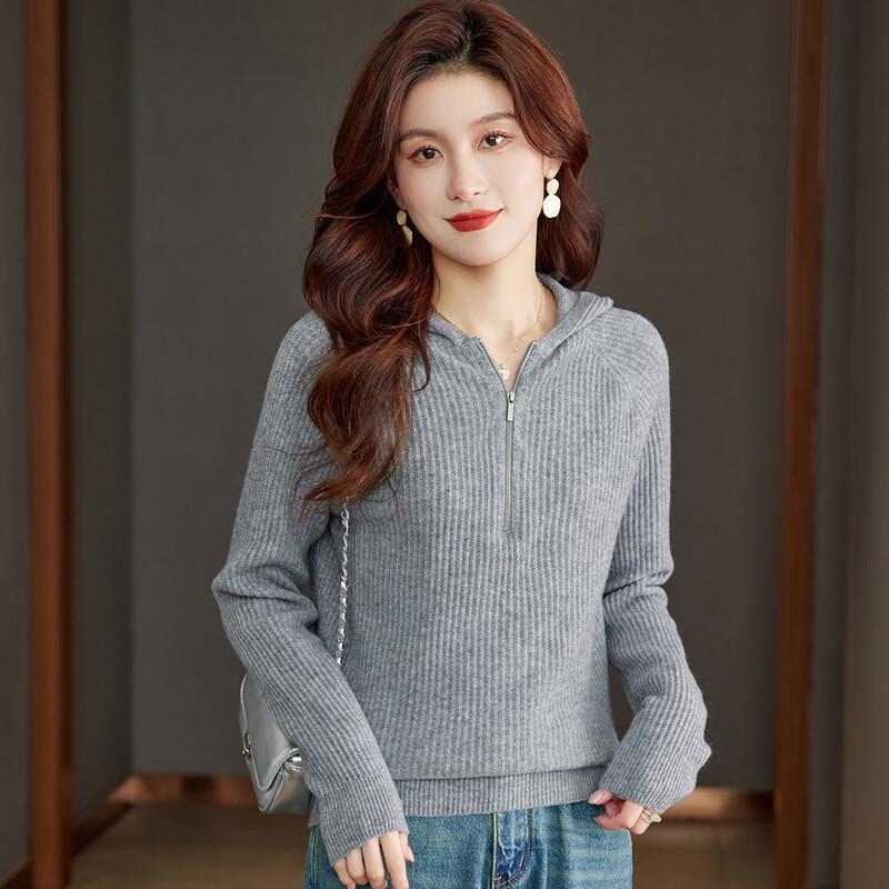 SNOWFLYING Women's 100% Merino Wool Ribbed Half-Zip Hooded Sweater