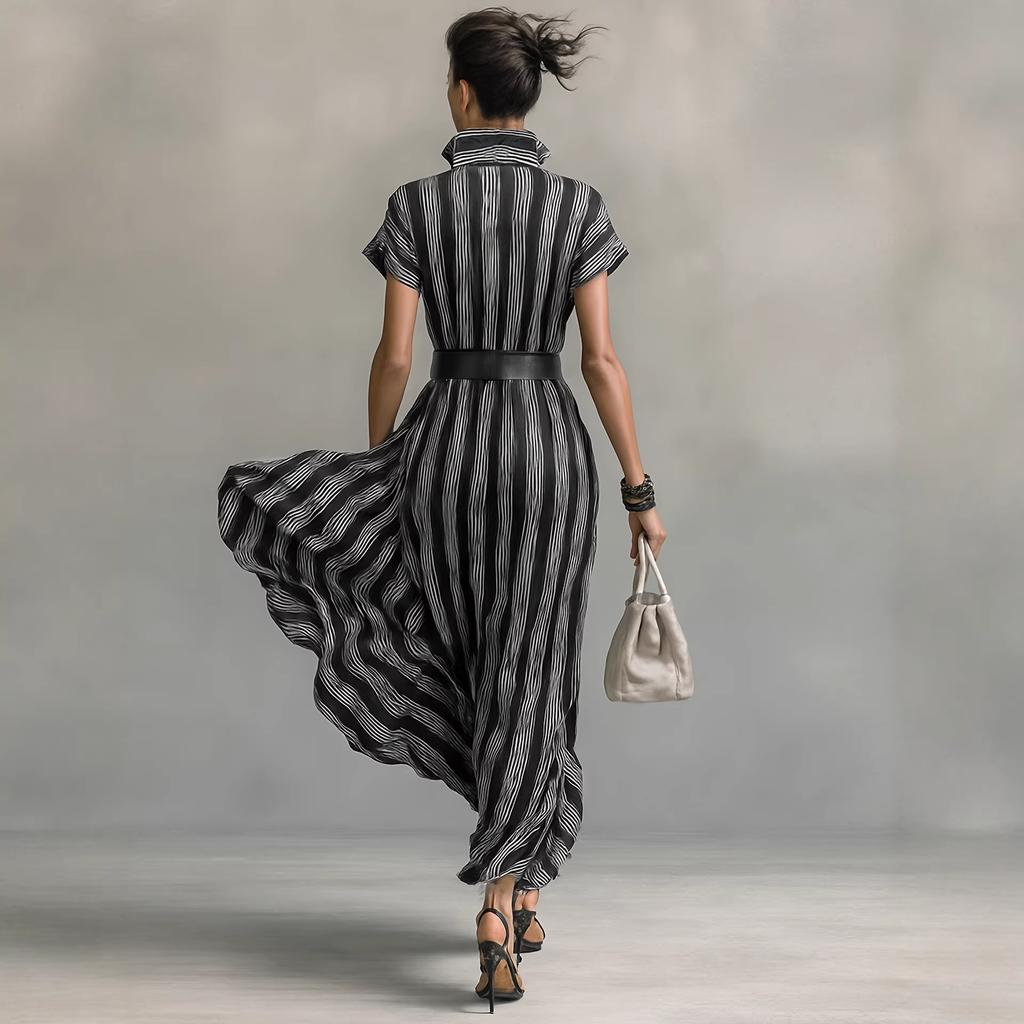 2026 European and American Cross-border Temu Amazon Independent Station Temperament Professional Women's Clothing Short-sleeved Striped Shirt Dress