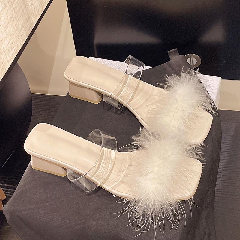Cool slippers 2025 summer thick heel open-toed fluffy shoes transparent crystal high heels niche beautiful fashion cool slippers