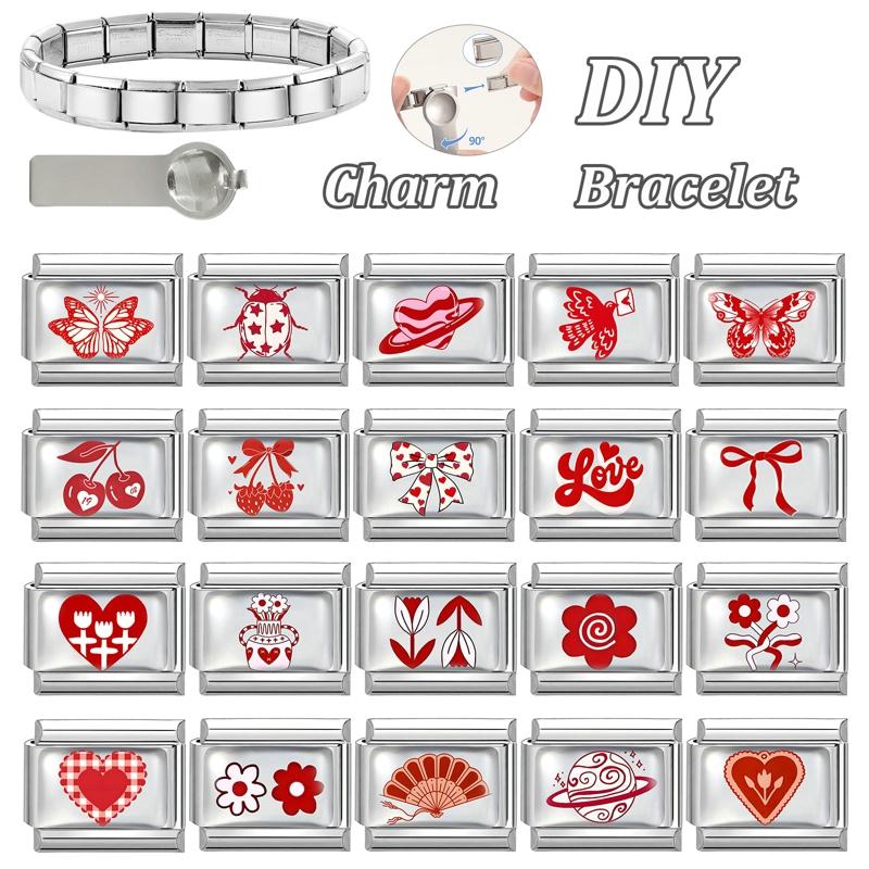 Y2K Rote Serie Blume Kirsche Herz Schleife Schmetterling Liebe Italienischer Charm Glieder Passend 9mm Edelstahlarmband Damen DIY Basteln