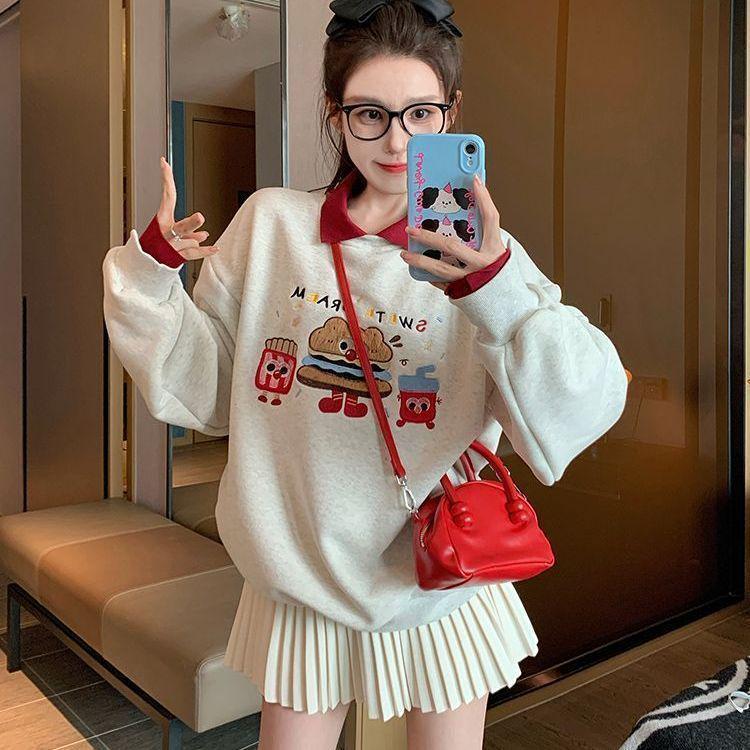 Women's College-Style Color-Block Cartoon Polo Sweatshirt for Spring and Autumn 2025 - Stylish, Youthful, Petite Fit