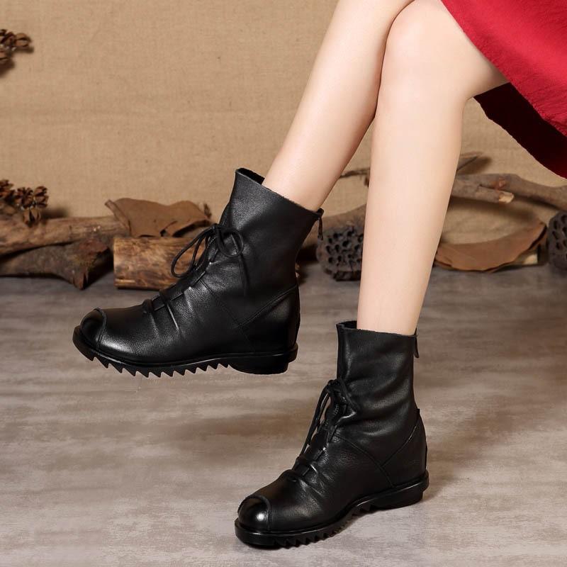 Johnature Genuine Leather Soft Soled Short Boots Versatile Black Lace Up Back Zipper Warm Women's Boots