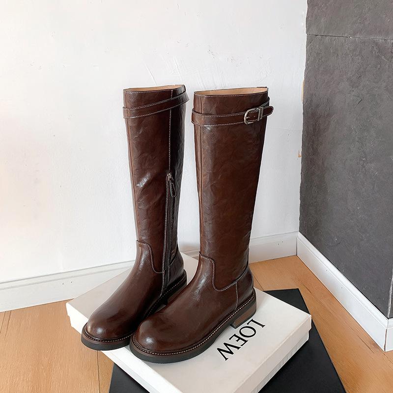 

Потертая коровья кожа осенне-зимние тонкие высокие сапоги с пряжкой ремня женские на толстом каблуке на толстой подошве длинные сапоги для верховой езды 39 коричневый